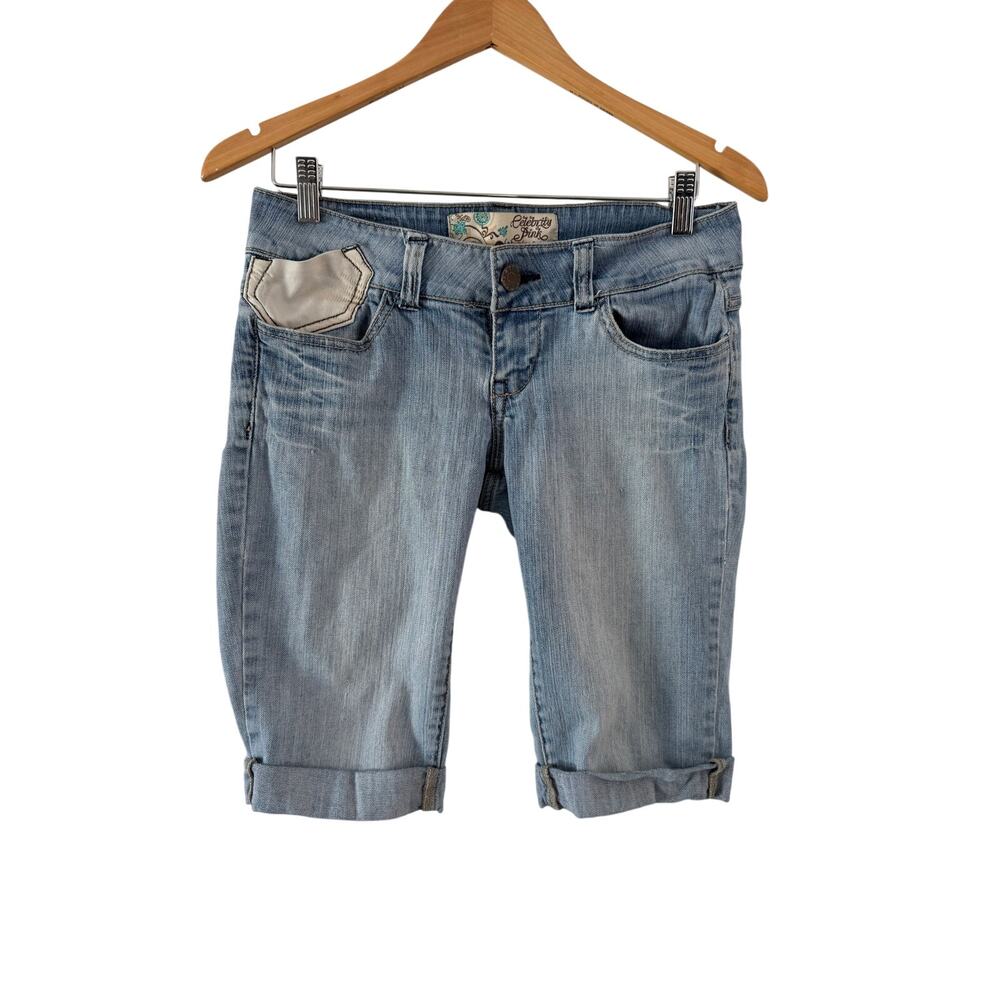 Celebrity Pink Y2K Blue Denim Low Rise Bermuda Shorts Size 9 Cuffs Stud Pockets